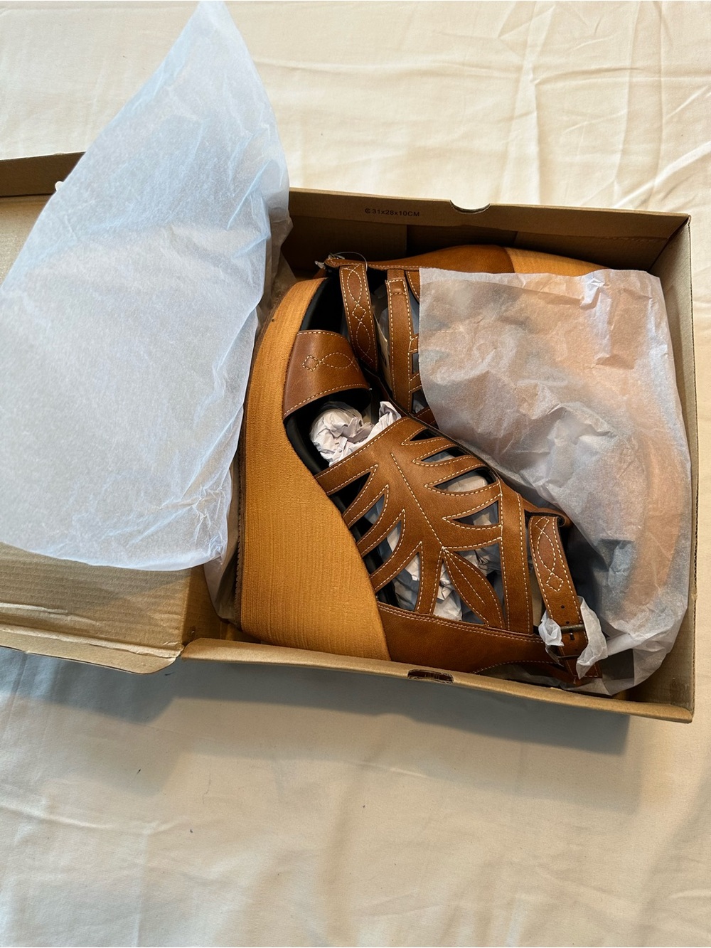 Women’s Tan Cutout Wedge Sandals with Ankle Strap